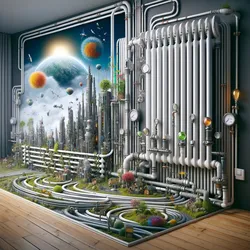 Immagini di un impianto di riscaldamento ben mantenuto e trattato, mostrando radiatori puliti e tubazioni efficienti