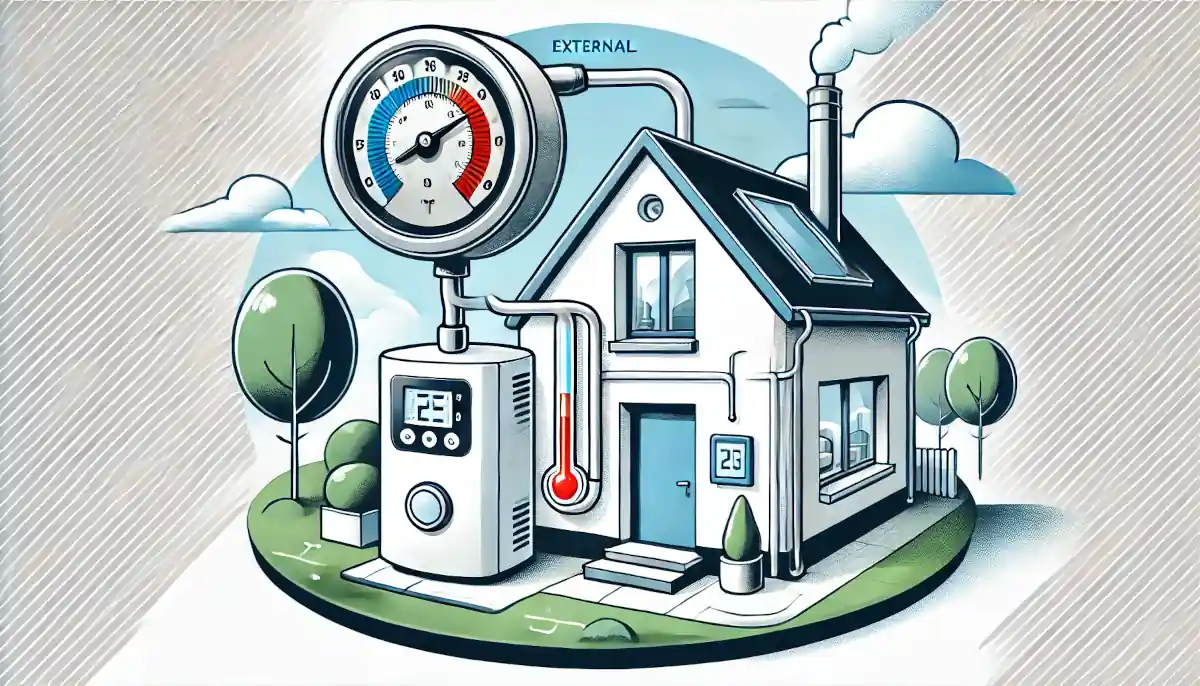 Illustrazione stilizzata di una casa moderna con termometro esterno collegato a una caldaia, rappresentando una sonda esterna per il controllo della temperatura.