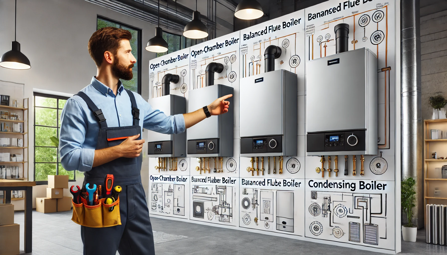 Tecnico che spiega le differenze tra tipi di caldaie: camera aperta, flusso bilanciato e condensazione