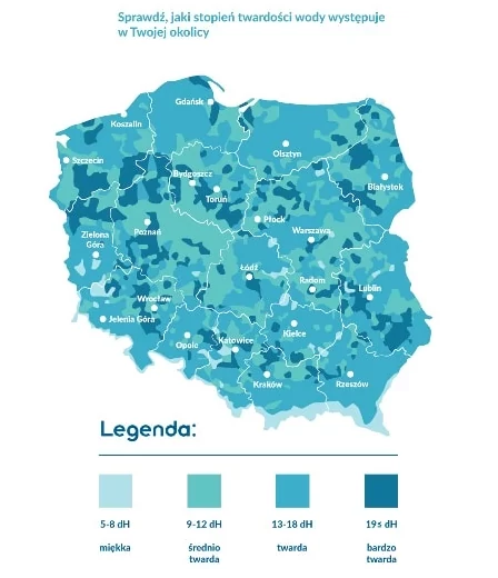 Mapa Polski z zaznaczonymi regionami o różnej twardości wody