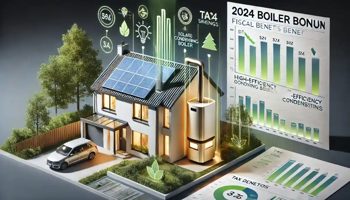 Grafico che illustra i vantaggi fiscali del bonus caldaie 2024, mostrando una casa che risparmia energia con una caldaia a condensazione