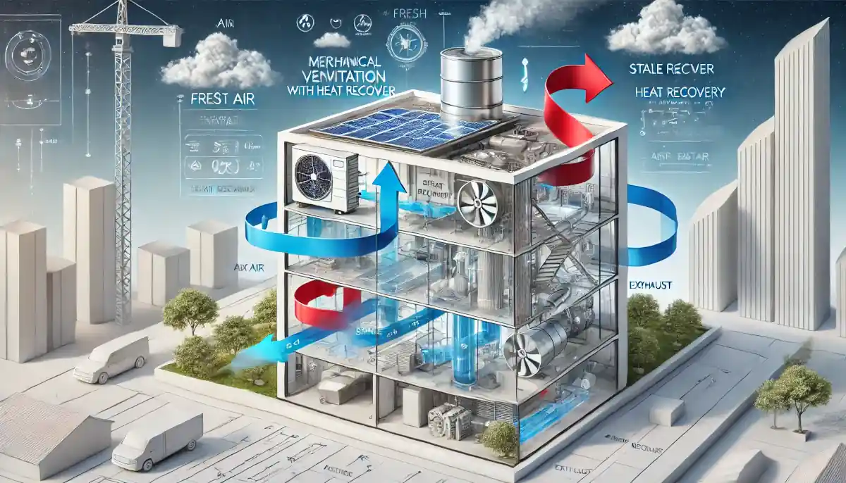 Diagramma che mostra il funzionamento di un sistema di ventilazione meccanica controllata con frecce che indicano il flusso d'aria fresca e l'espulsione dell'aria viziata.