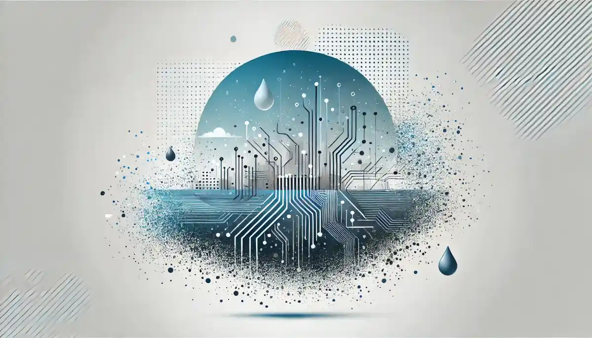 An abstract vector landscape depicting an electronic circuit surrounded by water droplets and dust particles, featuring blue and gray tones in a minimalist style.