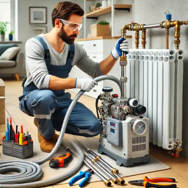 Technician cleans heating system with external pump