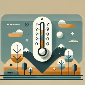 Minimal vector illustration showing a stylized thermostat with flat colors and geometric shapes. A small up/down arrow highlights the concept of hysteresis and the temperature scale.