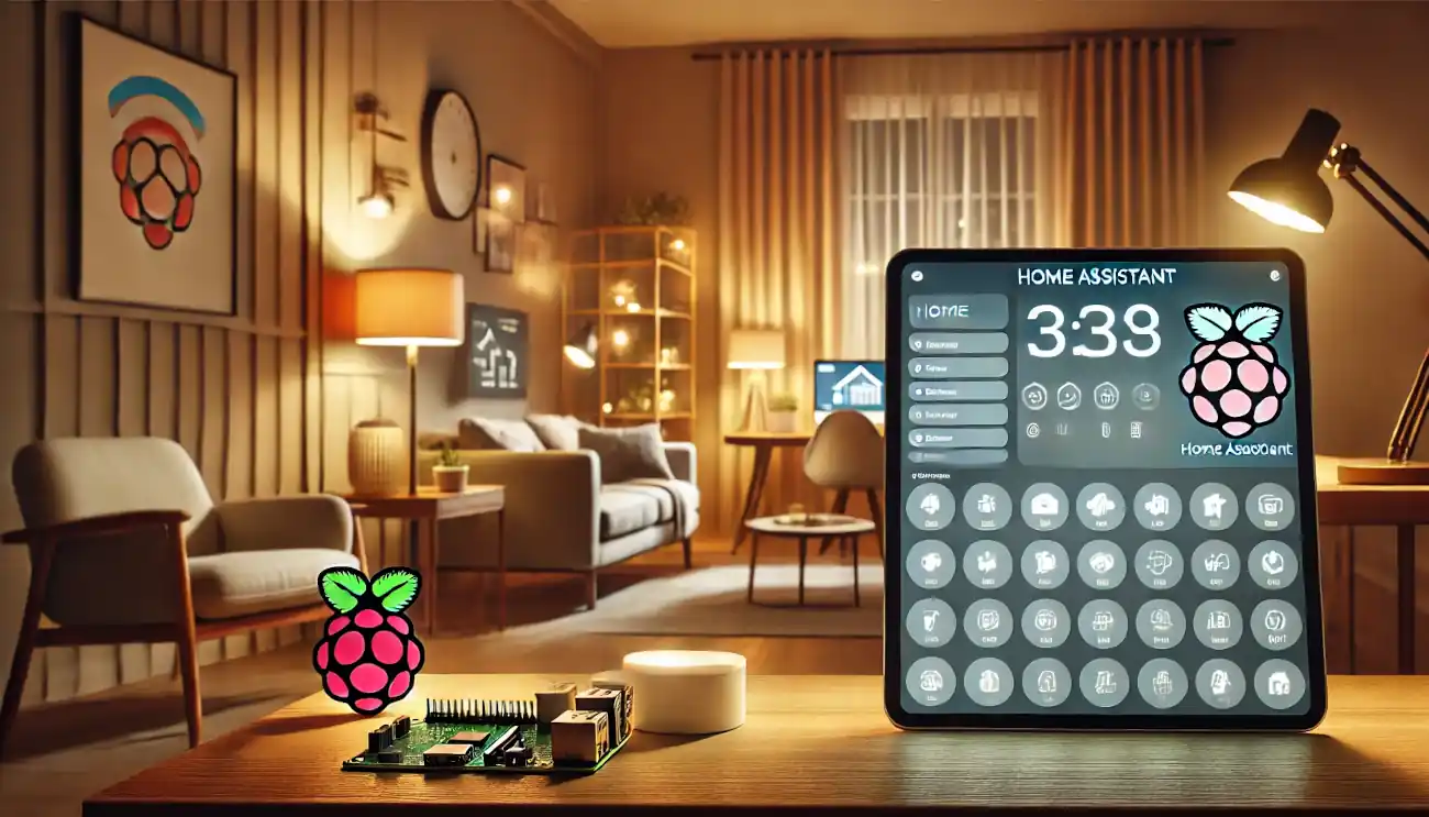 Una casa moderna vista dall'interno, l'interfaccia di Home Assistant su un tablet o laptop. L'ambiente è decorato con lampade accese, e una configurazione Raspberry Pi su un tavolo, con un'atmosfera tecnologica e accogliente.